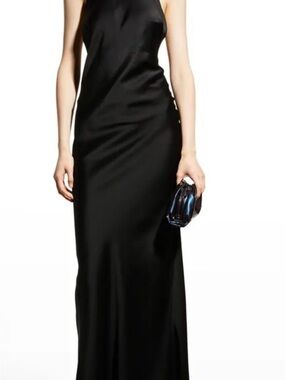 Victoria Beckham Sleek Black Satin Maxi Halter Dress